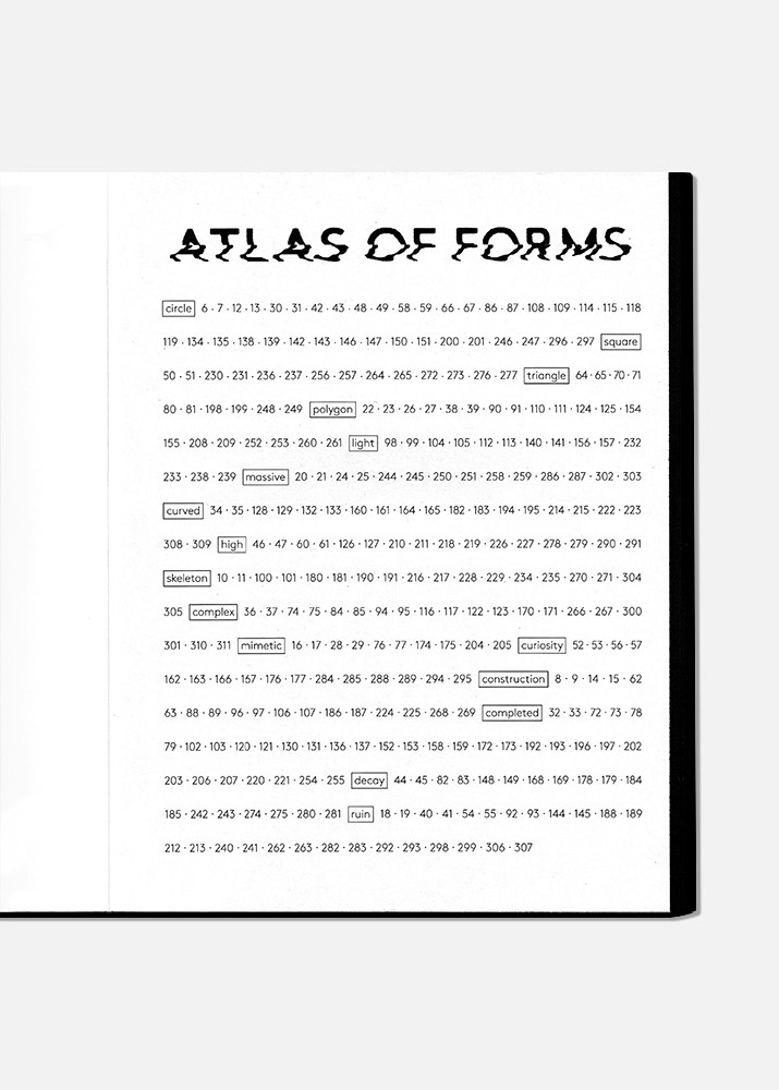 Scan du sommaire de l'édition Atlas of Forms qui présente la classification par formes et par état des architectures de l'atlas.
