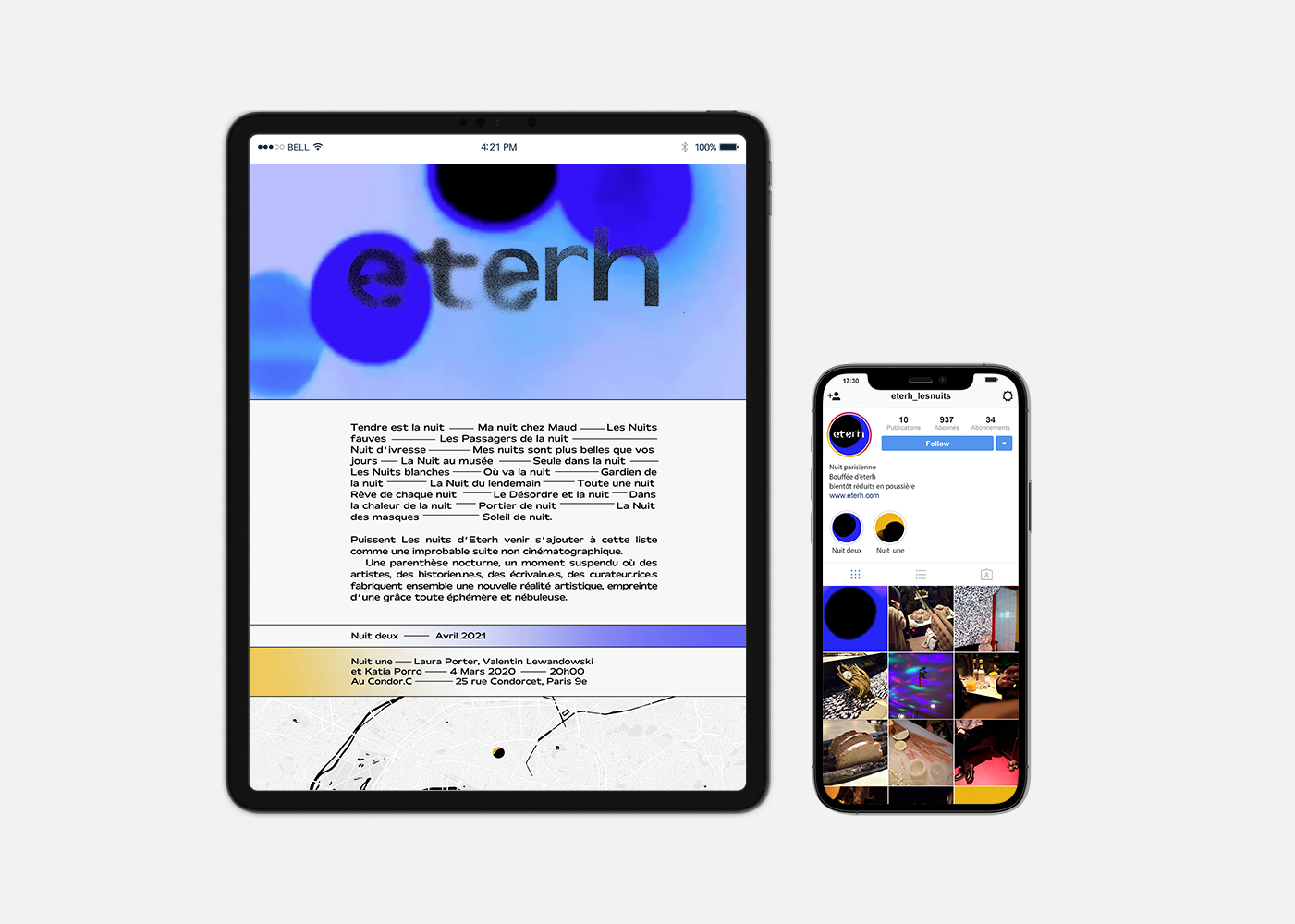 Photographie de l'ipad ouvert sur le site internet d'eterh et d'un iphone ouvert sur la page instagram d'eterh. Tout deux ayant été pensé pour offrir un contenu complémentaire.