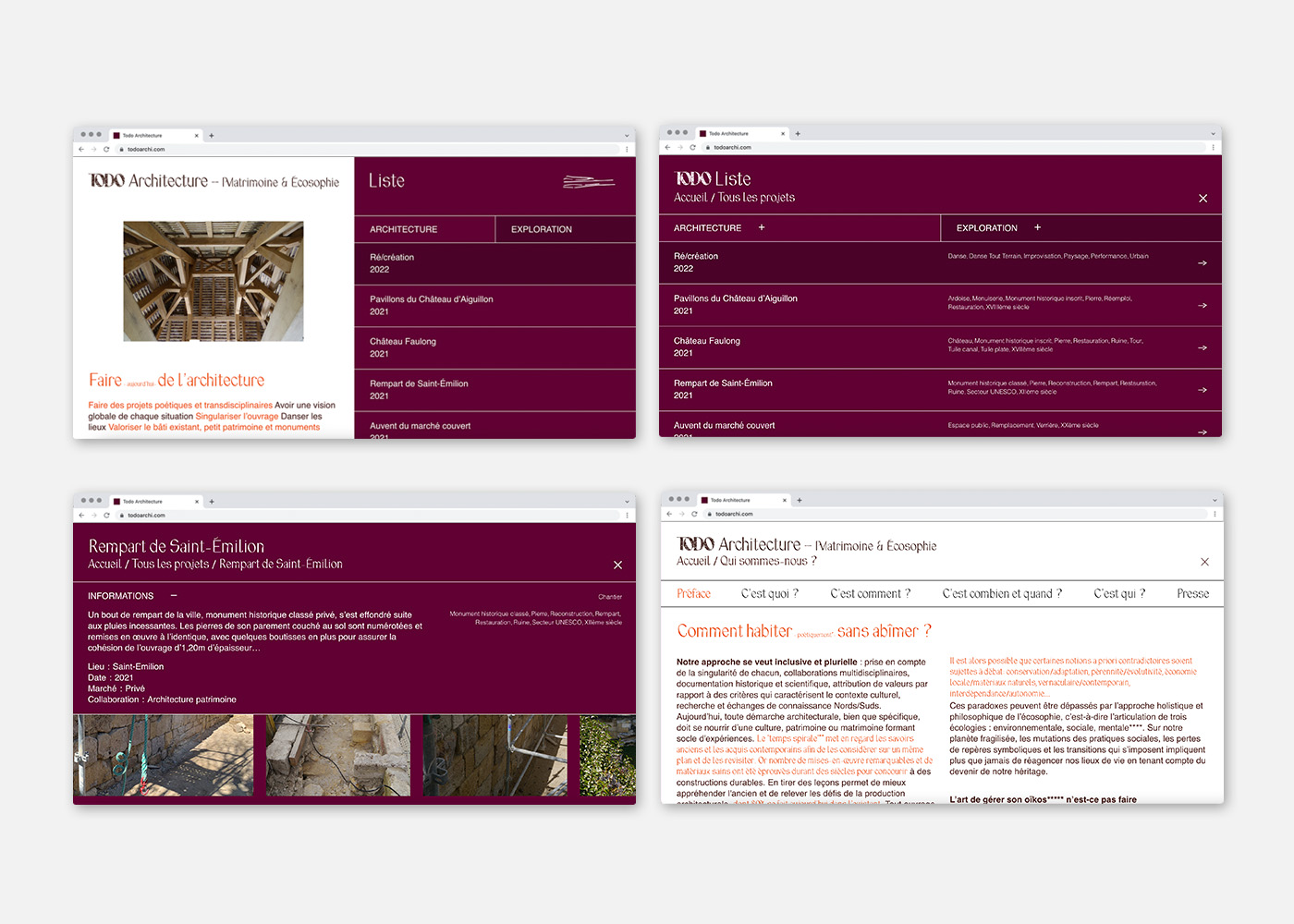 Plusieurs enregistrements d'écran présentent le site internet de Todo Architecture.