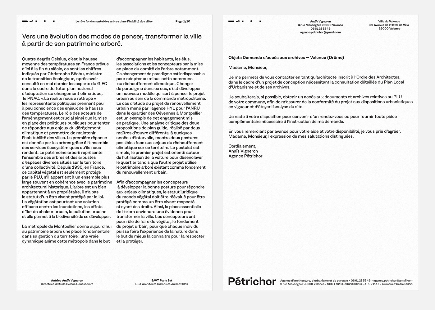 présentation de la composition graphique d'un texte de portfolio et d'un courrier administratif