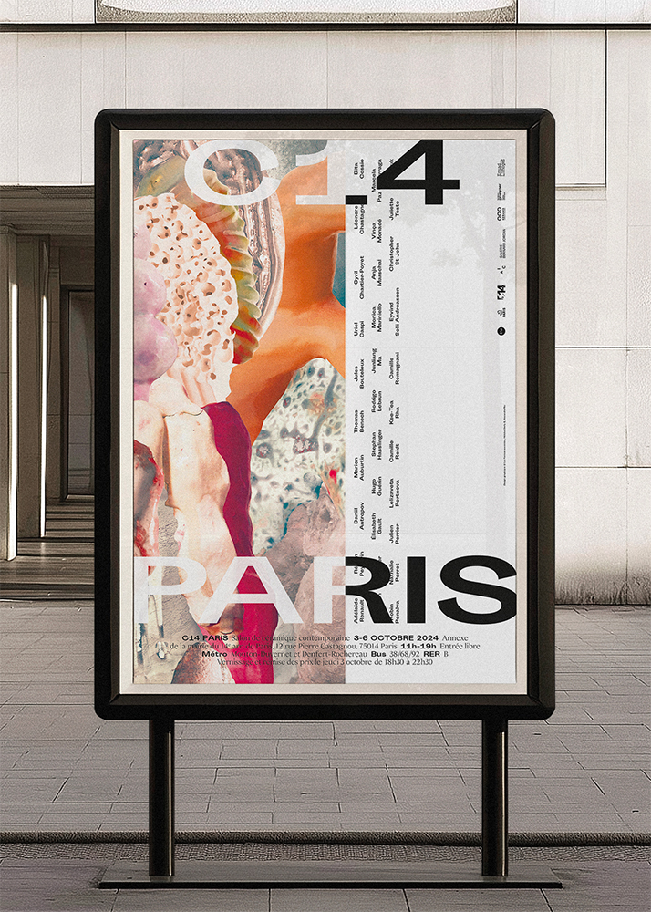 Affiche du salon de céramique contemporaine C14 Paris 2024 dans un porte affiche urbain.